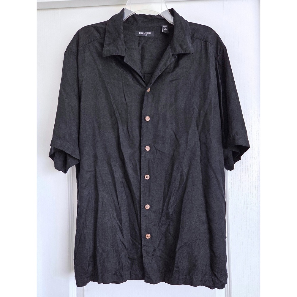 VTG Brandini Black‎ Silk Jacquard Tropical Short Sleeve Button Down Shirt Sz L